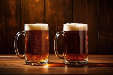 Glass mugs of dark beer on wooden table