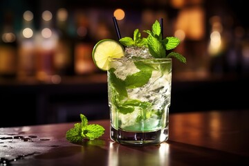 Alcoholic mojito with ice and mint on bar table