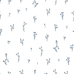 Obraz premium Bluebells. Vector Seamless Pattern. Small Flowers. Ditsy Floral Print. Black and White Background.