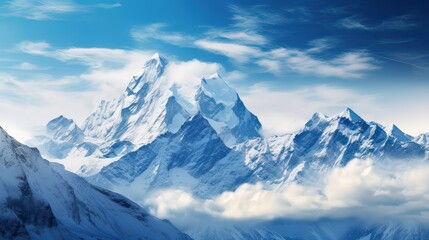 Fototapeta premium Grand, breathtaking, snowy landscape, majestic mountains, winter wonderland, scenic beauty, tranquil, frosty, snowy panorama. Generated by AI.