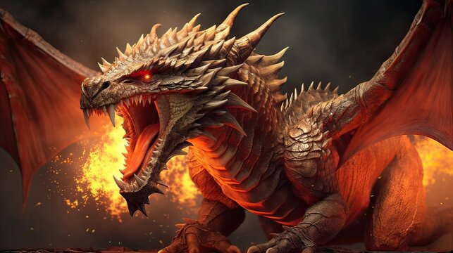 Legendary dragon exhaling roaring flames with immense power. Mythical, fearsome, fire-breathing, legendary creature, fantasy, immense power, mythical beast. Generated by AI.