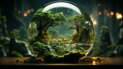 Glass globe surrounded by forest flora, Emphasizing delicate balance of ecosystems and impact of climate change, AI Generated