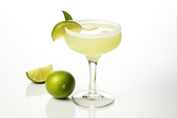 Glass of margarita cocktail on white background