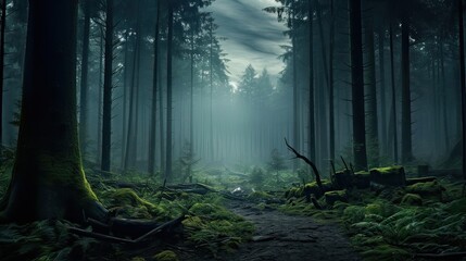Serene forest veiled in a mystical mist, featuring majestic, towering trees. Serenity in mist, mystical forest, serene ambiance, towering woodland. Generated by AI. - obrazy, fototapety, plakaty