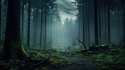 Foto op Aluminium Serene forest veiled in a mystical mist, featuring majestic, towering trees. Serenity in mist, mystical forest, serene ambiance, towering woodland. Generated by AI. © Татьяна Лобачова