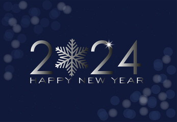 Happy New Year 2024. Text design vector illustration with snowflake and silver numbers. greeting card