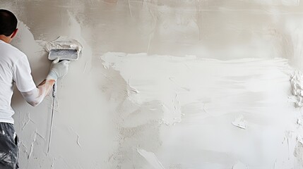 An adept plasterer skillfully smooths and enhances a wall surface with expertise. Skilled plastering, wall enhancement, adept craftsmanship, surface improvement. Generated by AI.