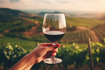 Female hand holding glass of red wine on vineyard background