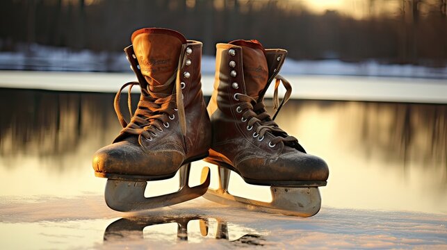 Poised atop the frozen pond, a pair of ice skates hints at chilly escapades. Winter activity gear, frozen pond setting, ice skating potential. Generated by AI.