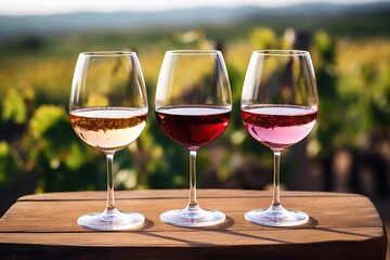 Glasses of red, white and pink wine on vineyard background