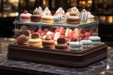 Macarons, desserts, cupcakes on the showcase of a pastry shop. A variety of sweet pastries.