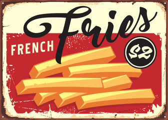 Fried potatoes vintage poster template. French fries retro vector food illustration. Restaurant sign with potato snack.