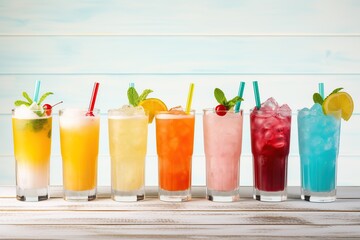 Different alcohol cocktails on wooden background
