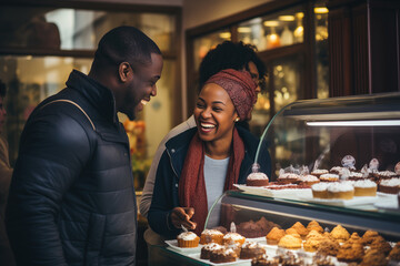 African American man and woman buying sweets in cake shop. Married couple chooses cupcakes.