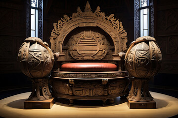 The majestic throne room. King Throne illustration. Golden filigree throne room in a medieval.