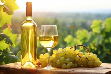 Bottle and glass of white wine with ripe grapes on vineyard background