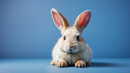 Obraz premium white rabbit on blue background. backdrop with copy space
