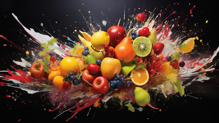 Abstract art of fruit explosion showing vibrant colors and textures, AI Generated