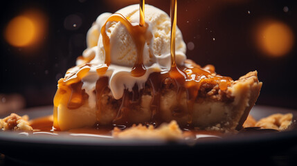 Vanilla ice cream and caramel sauce on apple pie slice