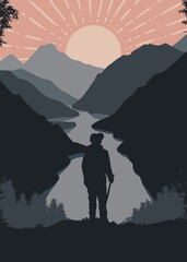 Fototapeta na wymiar Hiking in the mountain sunset drawing minimalist