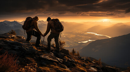 Hikers on mountain, Emphasizing importance of collaboration and mutual support, AI Generated