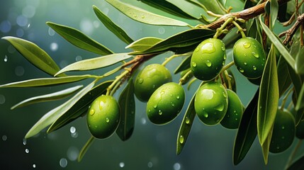 Fresh green olives on the tree with raindrops on them, close-up picture