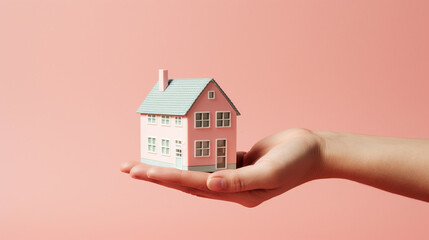 Fototapeta na wymiar Hand gently holding small, Minimalistic home model, AI Generated