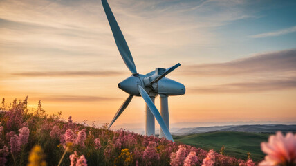 panoramic view of wind turbines above a field at sunset - sustainable energy concept
