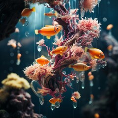 orange fishes are swimming in a small aquarium at night time