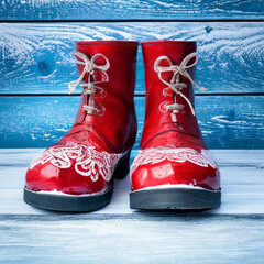 Red Santa Claus shoes on isolated bright blue background