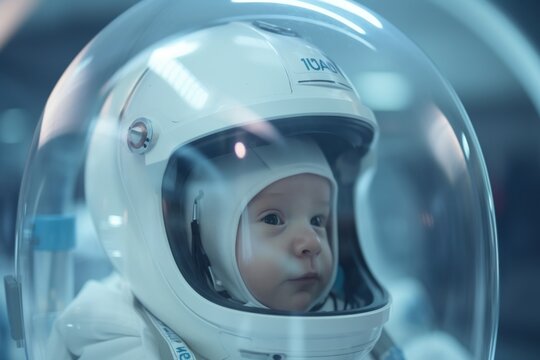 a baby in a white space suit