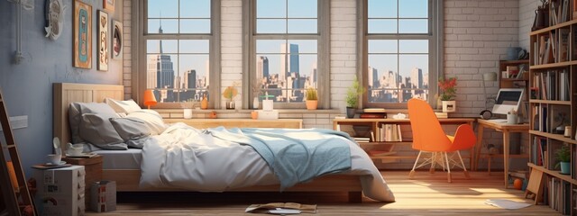 Obraz na płótnie Canvas a bedroom with a bed and a book