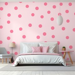 a bedroom with pink polka dots on the wall