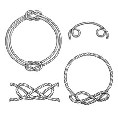 Nautical rope frames and elements set. Hand drawn sketch style illustrations collection. Isolated on white background. - obrazy, fototapety, plakaty