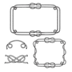 Nautical rope frames and elements set. Hand drawn sketch style illustrations collection. Isolated on white background.