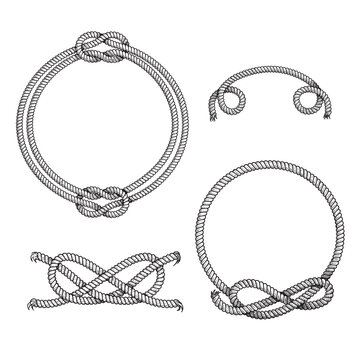 Nautical rope frames and elements set. Hand drawn sketch style illustrations collection. Isolated on white background.