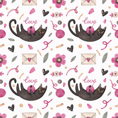 Seamless pattern with a black cat with a ball, flowers and sweets on a white background. Watercolor illustration. Holiday. Animals. Happy Valentine's Day. Print on fabric and paper. Heart. Art. 