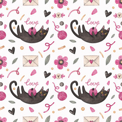 Seamless pattern with a black cat with a ball, flowers and sweets on a white background. Watercolor illustration. Holiday. Animals. Happy Valentine's Day. Print on fabric and paper. Heart. Art. 