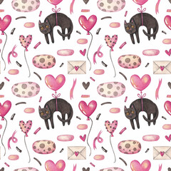 Seamless pattern with a black cat on a balloon with clouds and hearts on a white background. Watercolor illustration. Holiday. Animals. Happy Valentine's Day. Print on fabric and paper. Art. Design. 