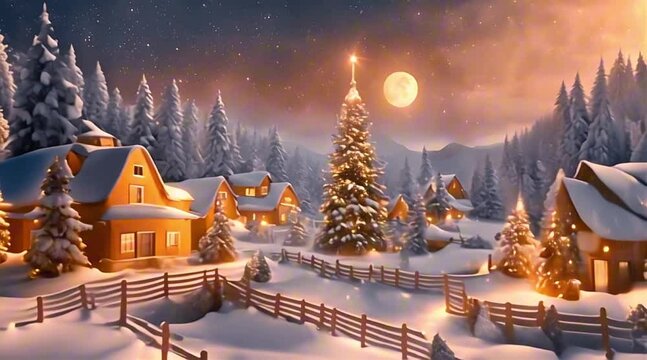 Village in a winter forest on Christmas at night
