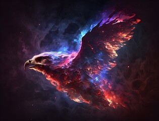 Abstract fusion of an eagle  with a galactic nebula and hot flames