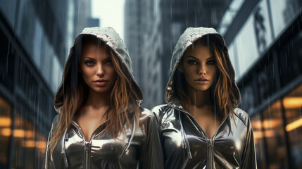 chrome metallic women standing in rainy street, realistic photo