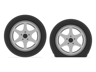 Obraz premium Normal and flat tire. Deflated automobile tire. Punctured wheel of car. Tire service station garage. Vector illustration