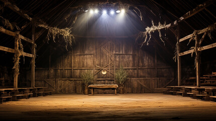 Create a high-resolution, clear, and sharp image in a widescreen format with an aspect ratio of 16:9 (1920x1080), depicting an old school barn scene set for a school play about the birth of Jesus. 