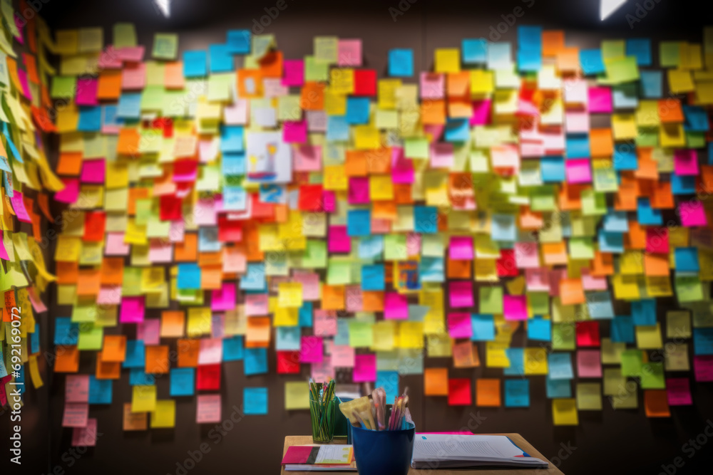 Poster a brainstorm of colorful sticky notes on a wall, forming a mosaic of diverse concepts and possibilit