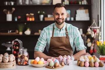 Foto op Canvas Portrait of a smiling man preparing easter eggs in the kitchen © igolaizola