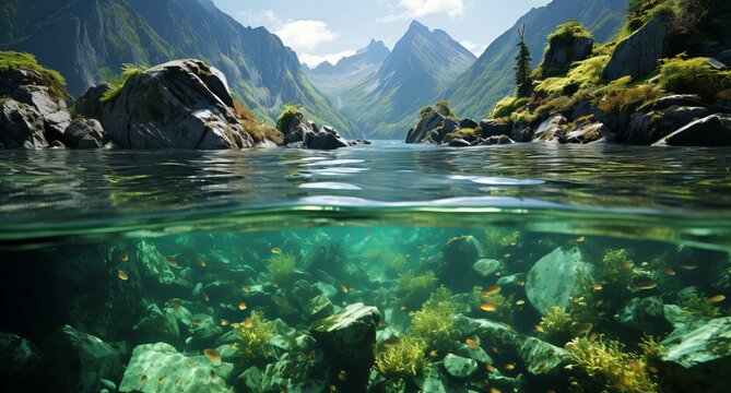 Underwater Paradise Revealed Below Crystal Waters Surrounded by Majestic Mountainous Landscape