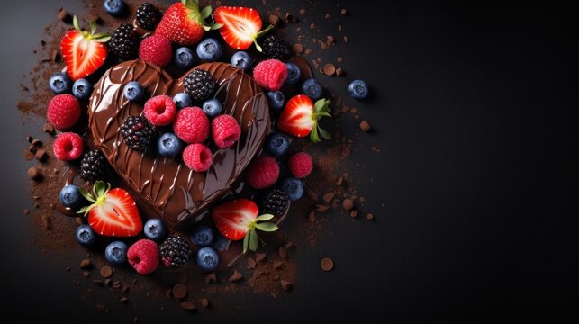 A chocolate heart shaped cake with berries and other fruits on top, AI