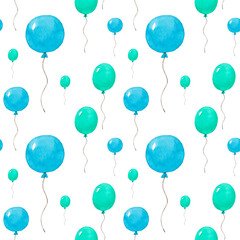Seamless pattern watercolor blue, green balloons isolated on white background. Hand painted watercolor illustration. Art print for holiday design