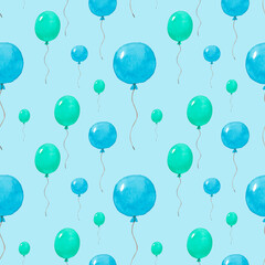 Seamless pattern watercolor blue, green balloons isolated on a blue background. Hand painted watercolor illustration. Art print for holiday design